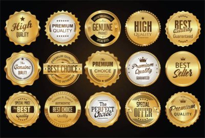 Collection of golden badges labels laurels and ribbons